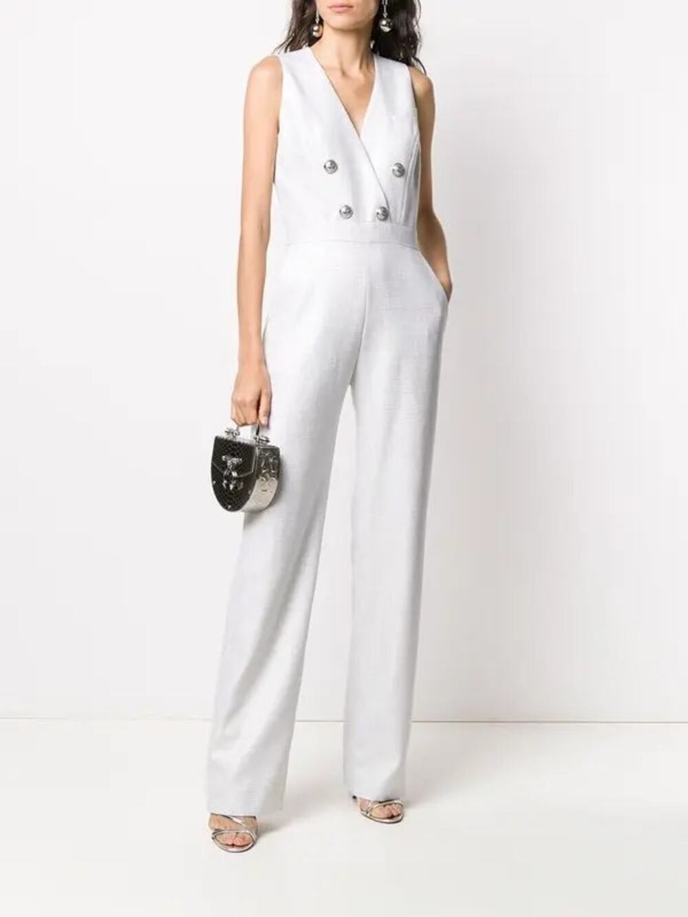 NEW Balmain Double Breasted Jumpsuit Women's White Metallic Sleeveless Size US 4